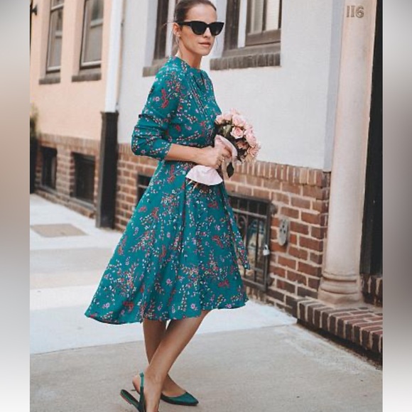 Nwt Nanette By Nanette Lepore 6 Teal Fit & Flare Midi L-Sleeve Floral Dress